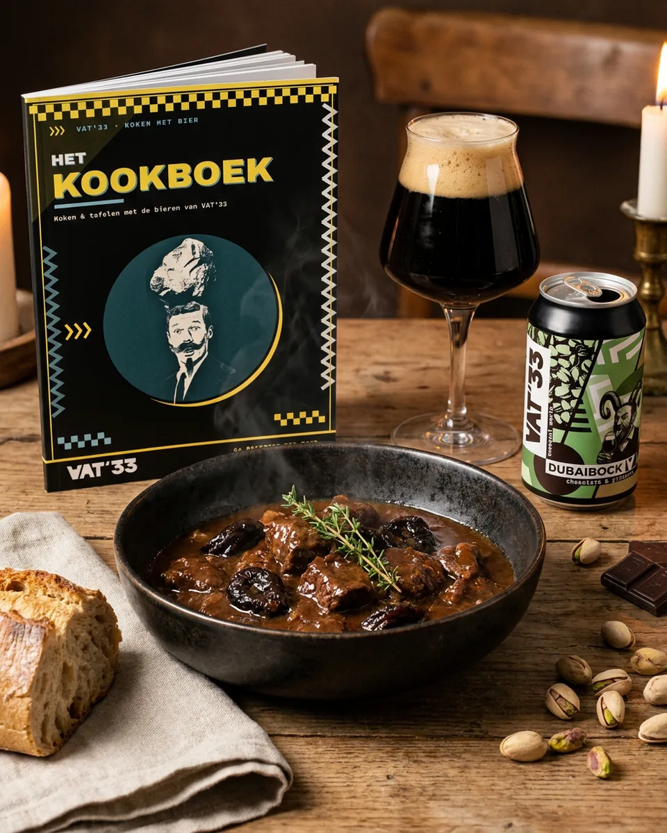 Het VAT'33-kookboek naast een kom Dubaibock-stoof, een glas en een blik Dubaibock